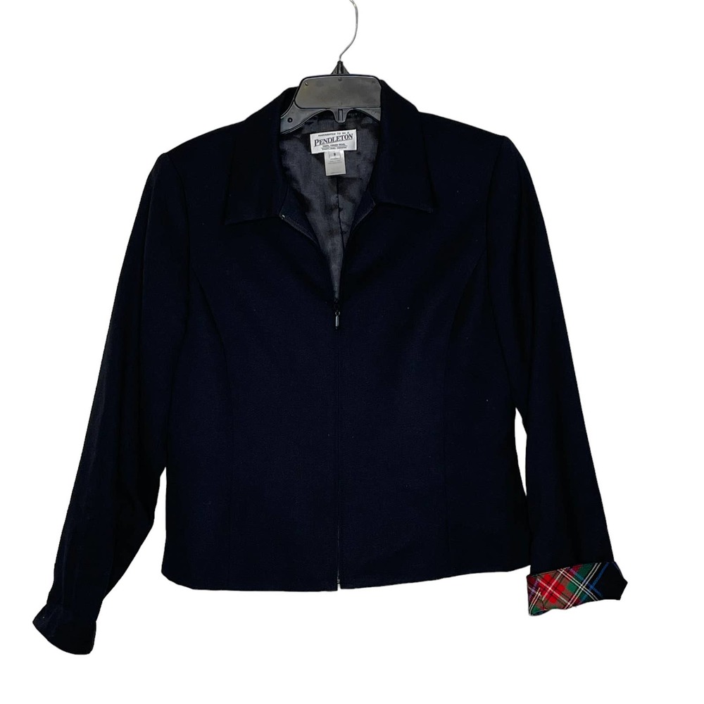 Pendleton Full‎ Zip jacket Size 8 Black 100% Wool Womens Contrast Cuff Lined